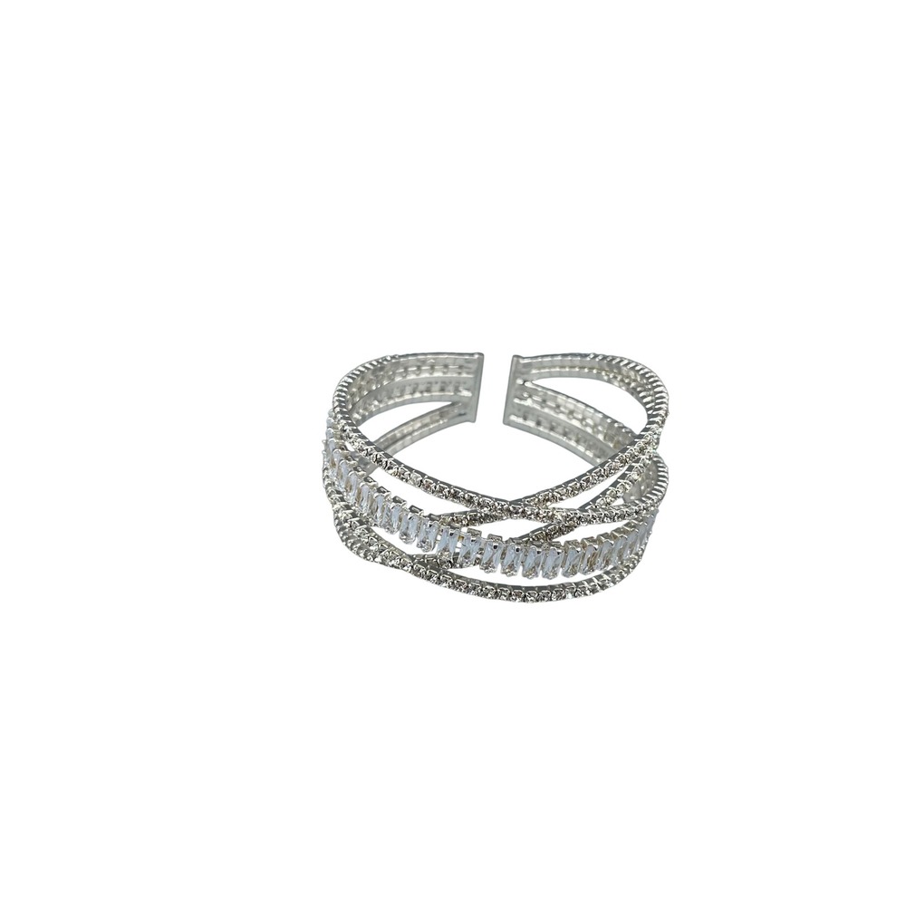 Silver Tone Multi Row Crystal Cuff Bracelet Baguette Round Rhinestone Statement